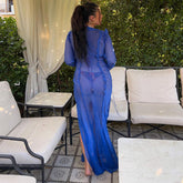 Sexy V neck Perspective Ruffle Drawstring Tight Maxi Dresses